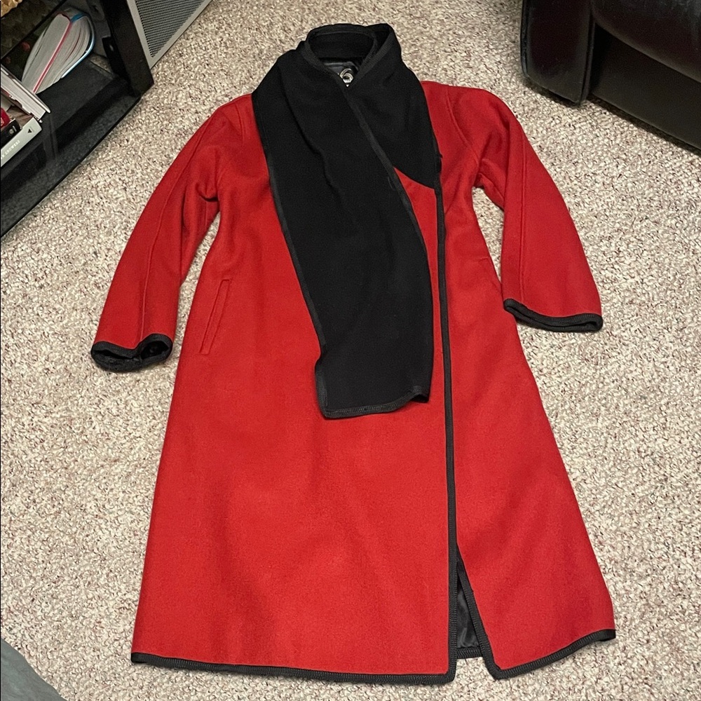 Vintage 80s heavy Red wool long coat with Black braided trim/scarf